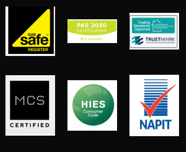 Ecoedge Group accreditation badges — MCS, Gas Safe, NAPIT, HIES